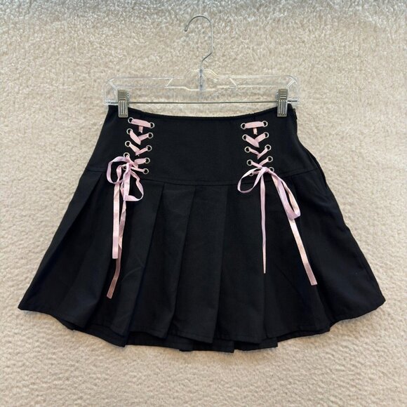 Hot Topic Pleated Mini Skirt 4 26 S Small Black Pink Coquette Gothic Lolita Punk - Picture 1 of 9